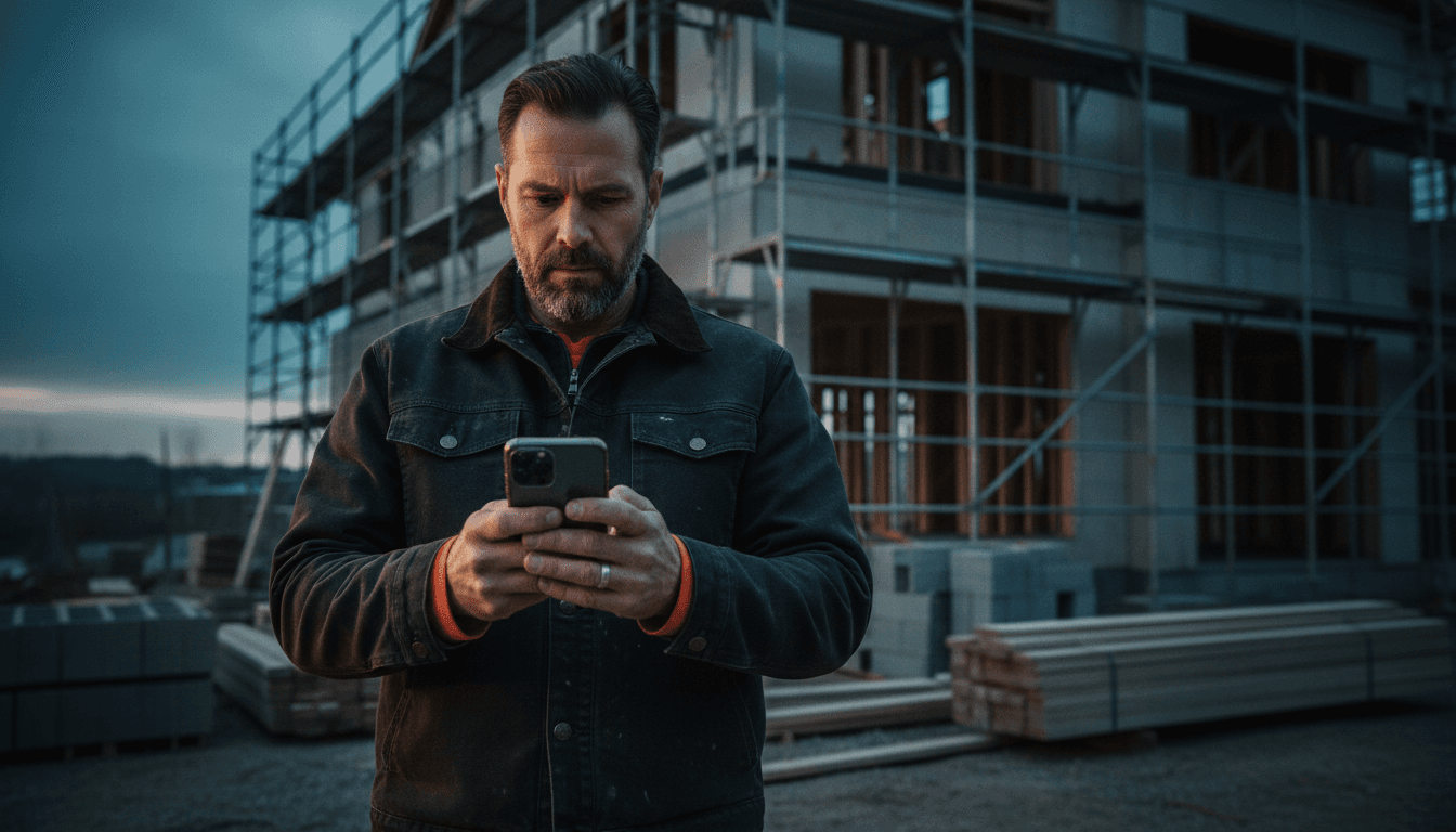 Rugged contractor on a job site at dusk, focused on a smartphone, with dramatic lighting