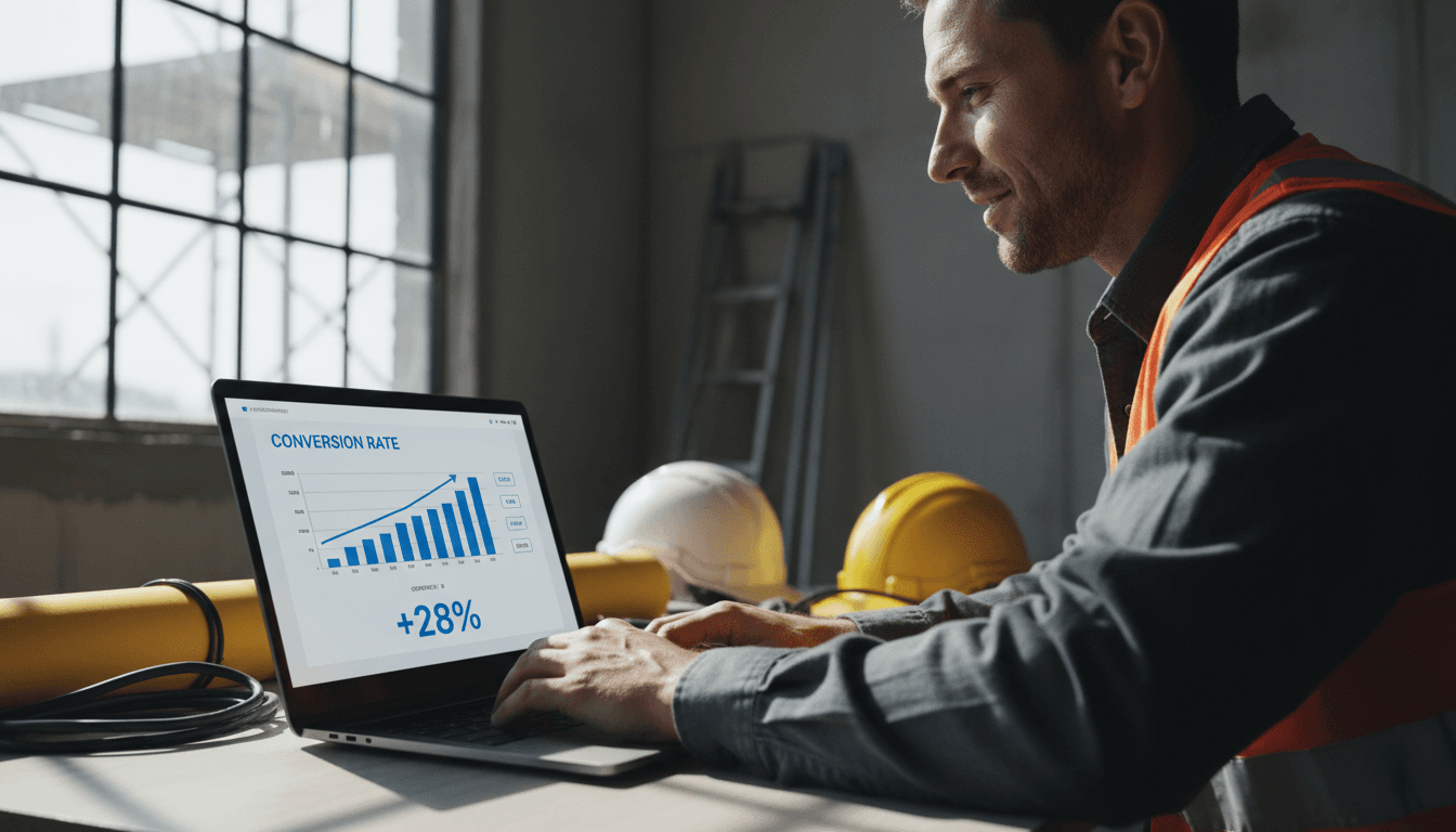 Contractor reviewing lead data on laptop with satisfied expression