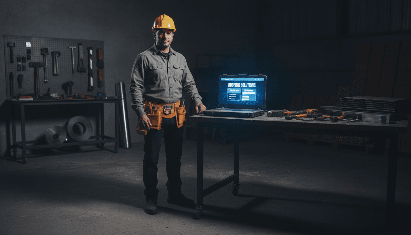 Contractor reviewing high-converting website on laptop