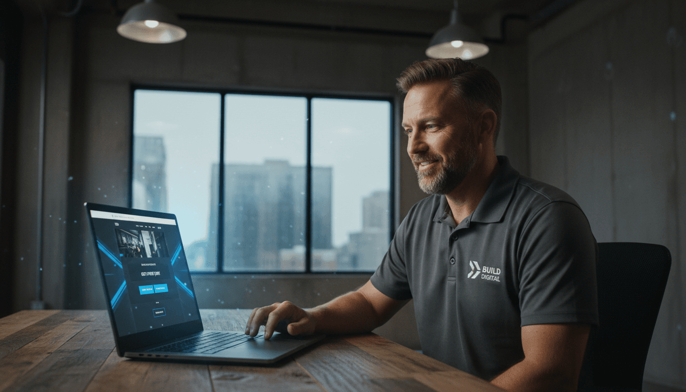 Contractor reviewing custom website on laptop with electric blue design elements