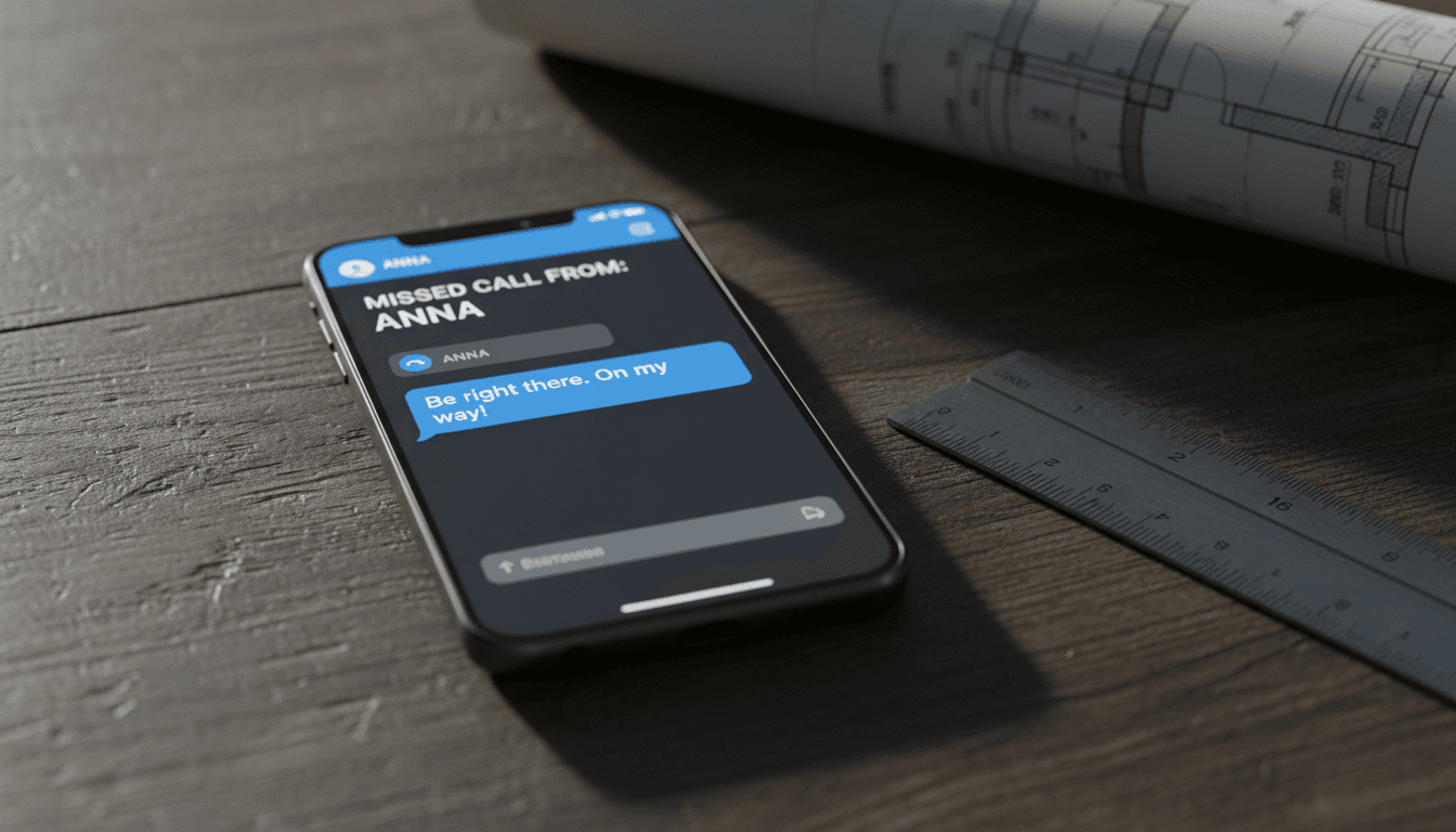 Smartphone displaying missed call text-back system notification on dark desk