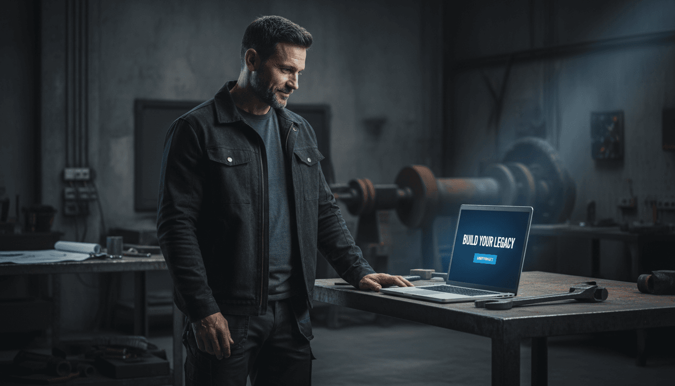 Contractor reviewing high-converting website on laptop with confident focus